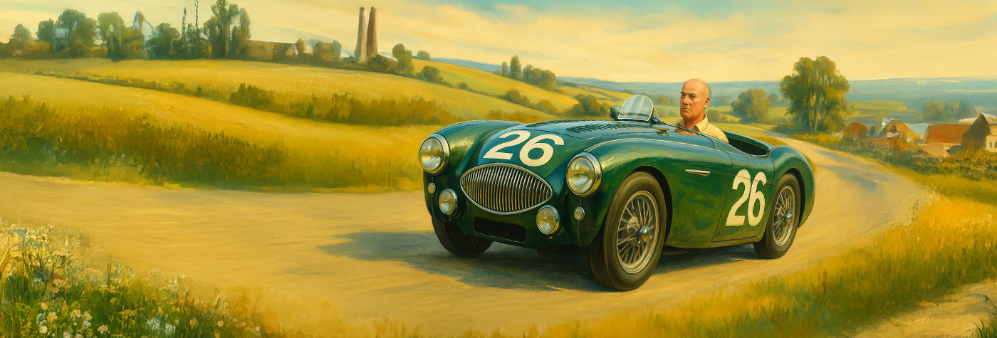 Restored green Austin Healey 100S on a countryside road, mid-century gouache-style painting with detailed aero screen on the driver’s side, set in a 1950s English rural landscape.