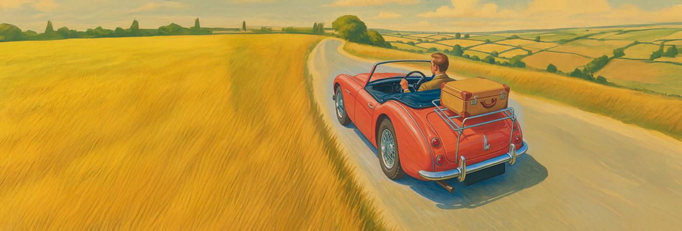 Artistic rendering of an Austin Healey 3000 driving through the English countryside