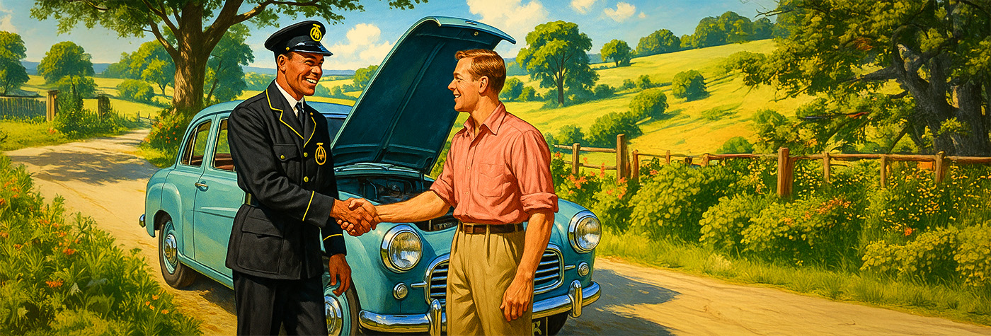 1950s AA patrolman assisting stranded motorist beside vintage Austin car on sunny English country road, illustrated in mid-century commercial art style.