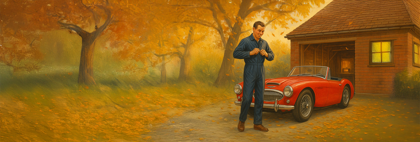 1950s style illustration of a red Austin-Healey 3000 parked outside a garage in autumn, with a smiling man in blue overalls preparing to work on the classic car.