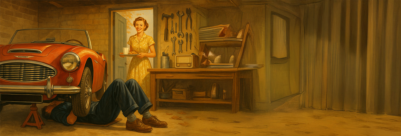 1950s illustration of a man working beneath an Austin Healey 3000 in a cosy home garage, wife bringing tea and biscuits, warm nostalgic scene.