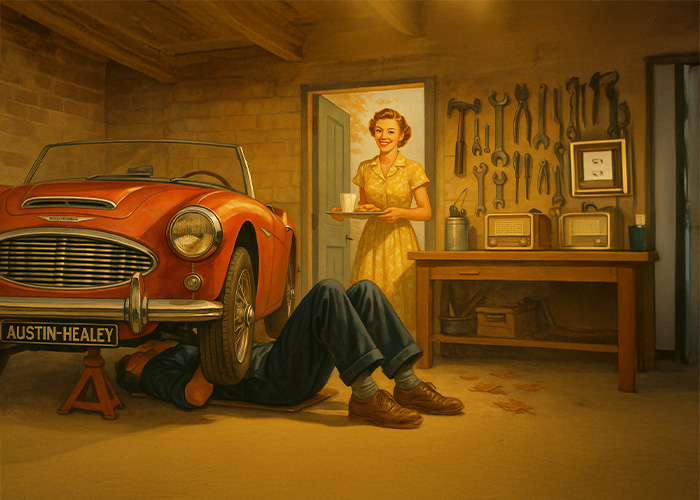 Man working under a red Austin Healey in a cosy garage while a woman brings tea