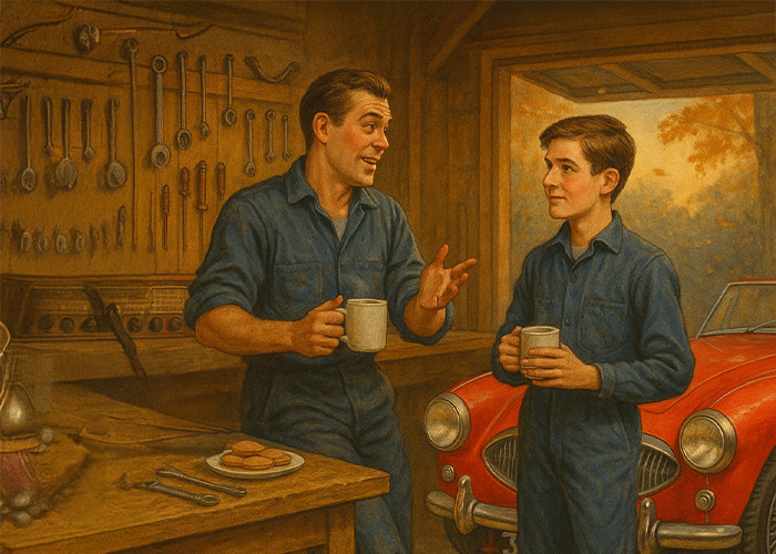 1950s style illustration of a father and teenage son in blue overalls sharing tea in a warm garage, with a red Austin-Healey 3000 on jacks in the background.