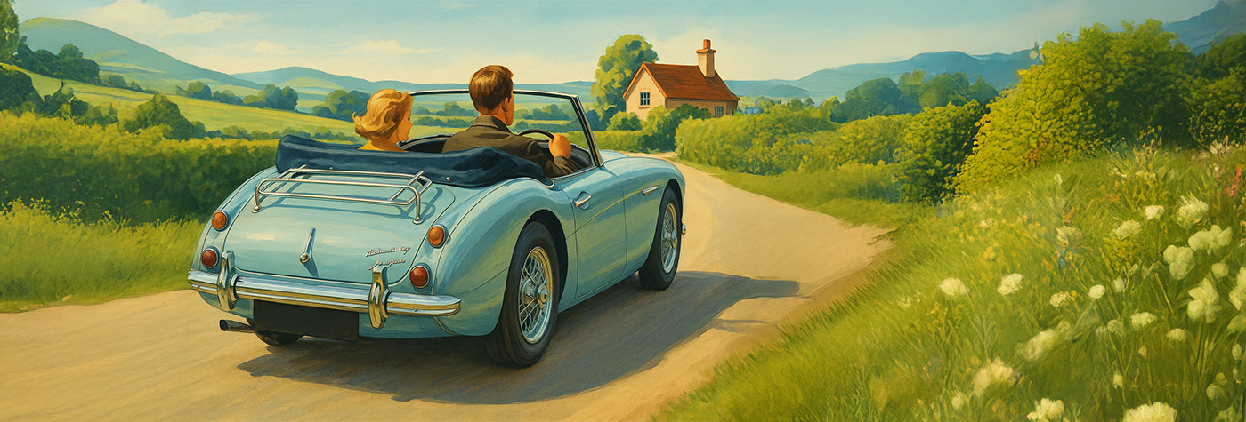 Artistic rendering of a blue Austin Healey 3000 driving along an idyllic English country road