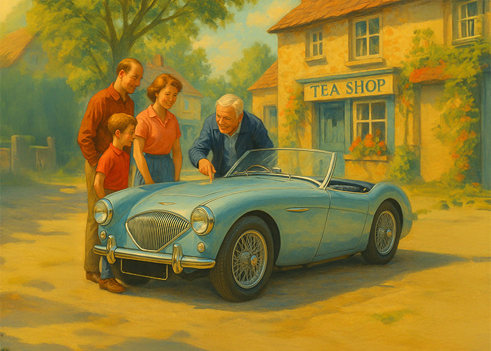 Artistic rendering of a proud Austin Healey owner showing off his car to his family for the next generation to enjoy