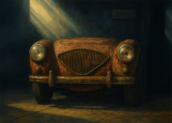 Artistic rendering of an unrestored Austin Healey 100 in a dark garage