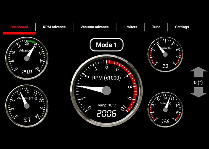 CSI Pro RPM readouts along with Advance, Vacuum, Current (A) and Battery (V)