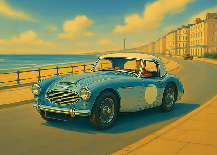 1950s-style painting of Austin Healey 3000 with white hardtop driving along a British seafront road