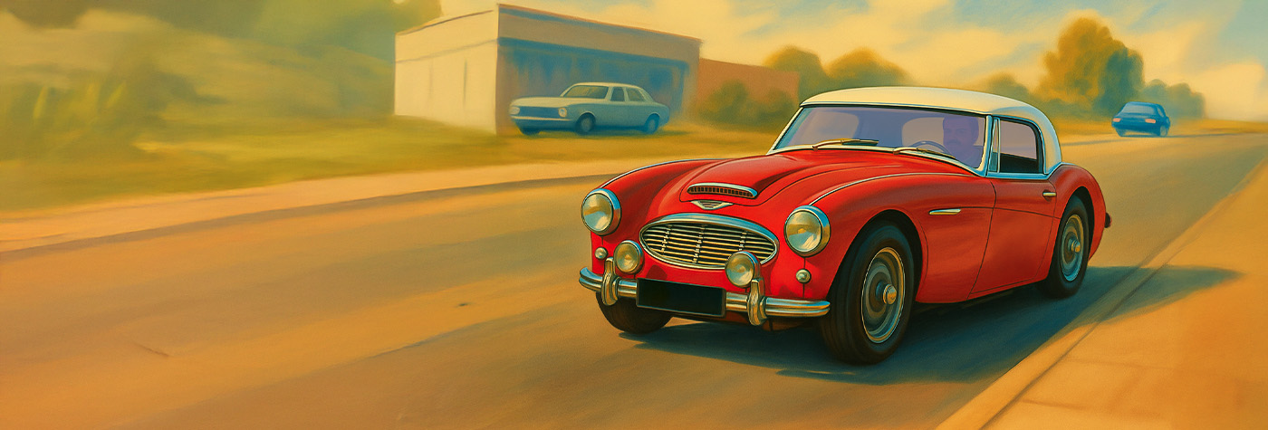 Illustration of Austin Healey 3000 Mk3 with white hardtop on open road in 1950s commercial style