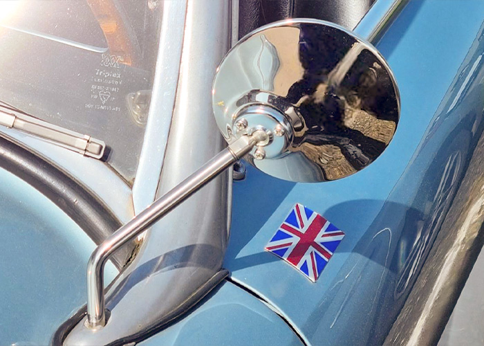 MRS121 pillar-mounted rear view mirror fitted to an Austin Healey 100/6
