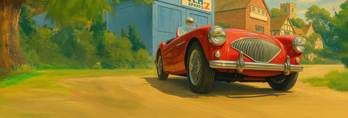A vintage-style illustration of a red Austin Healey 100 parked outside a blue AH Spares garage, with a rustic brick building displaying an “Austin Genuine” sign and an idyllic English village with a church tower and timber-framed houses in the background, all set on a sunny summer’s day.