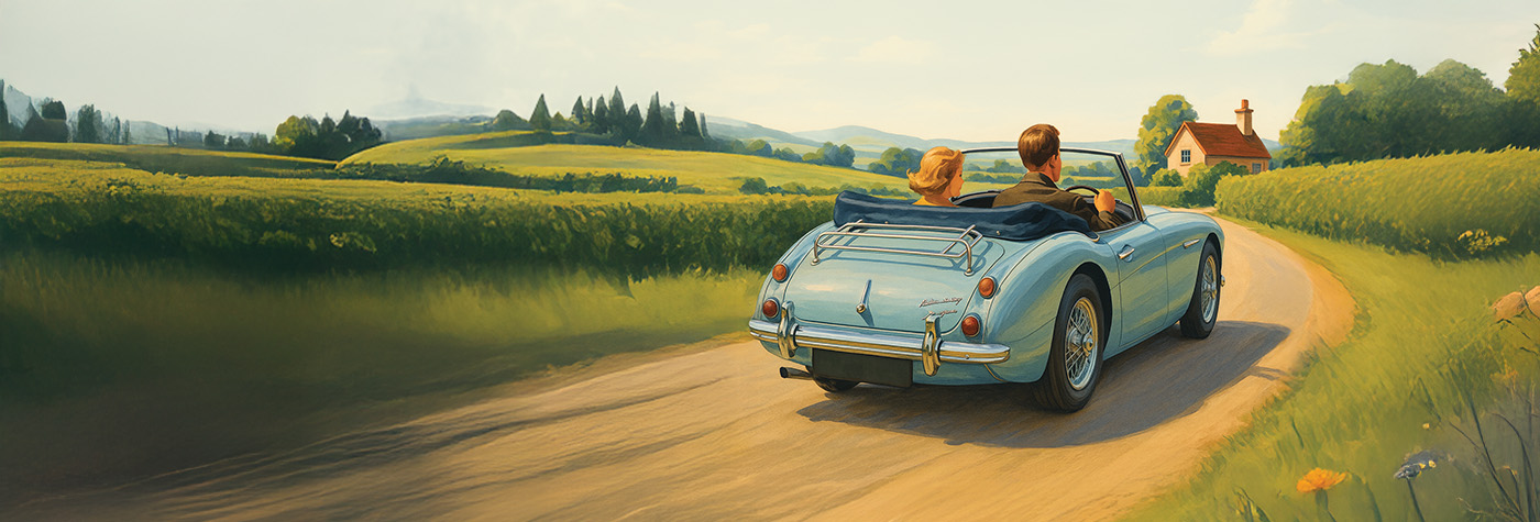 Blue Austin Healey driving along a country road
