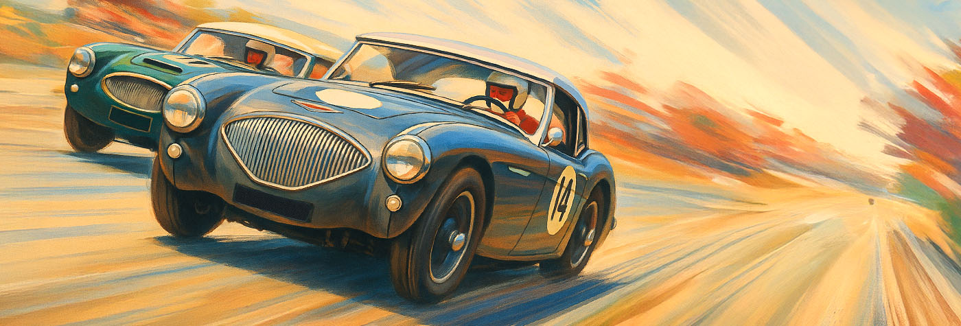 Artistic rendering of an Austin Healey 100 racing and Austin Healey 3000