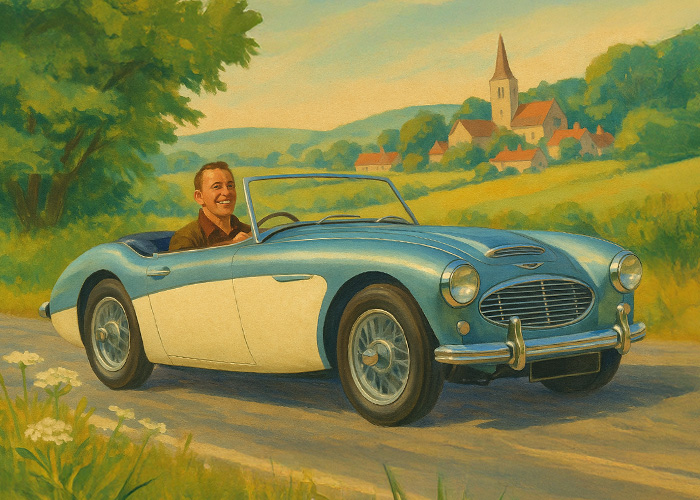Mid-century style illustration of a blue and white Austin Healey 100/6 sports car driving through the English countryside with a smiling driver and a village in the background.