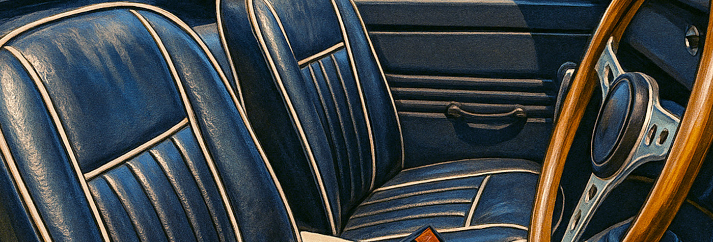 Artistic rendering of the interior of an Austin Healey Sprite MK4 showing black leather seats with white piping and full interior trim