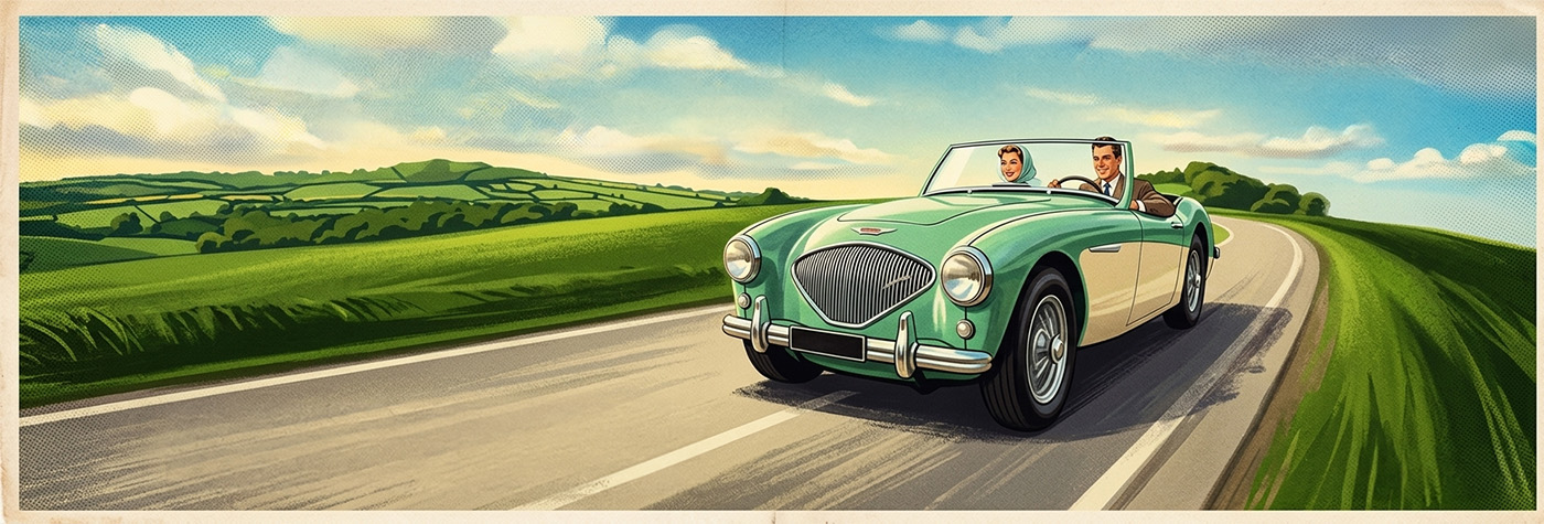 Austin Healey on an English country road in spring