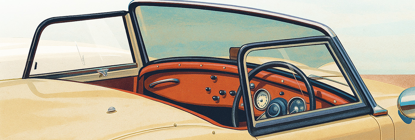 Austin Healey Sprite MK1 interior illustration showing new A H Spares sidescreens fitted with correct MK1 Perspex sliding panels.