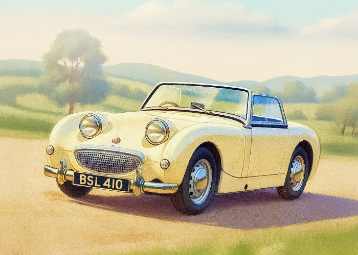 Austin Healey Sprite MK1 Frogeye illustration showing car fitted with A H Spares MK1 sidescreens.