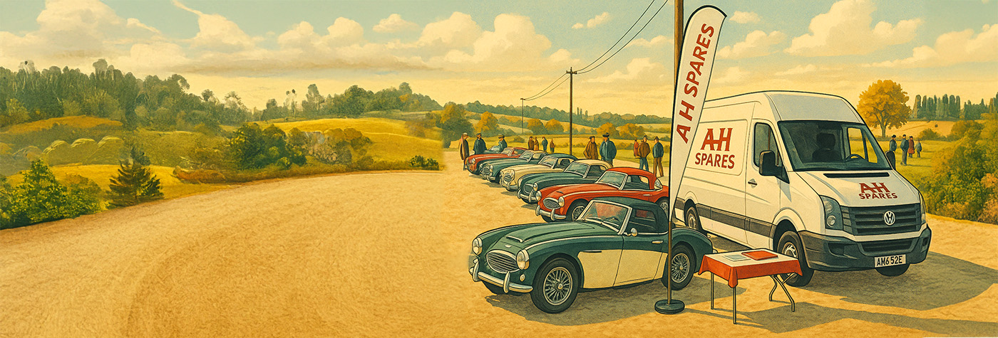 A H Spares van with branded flag beside a lineup of classic Austin Healey cars in the English countryside