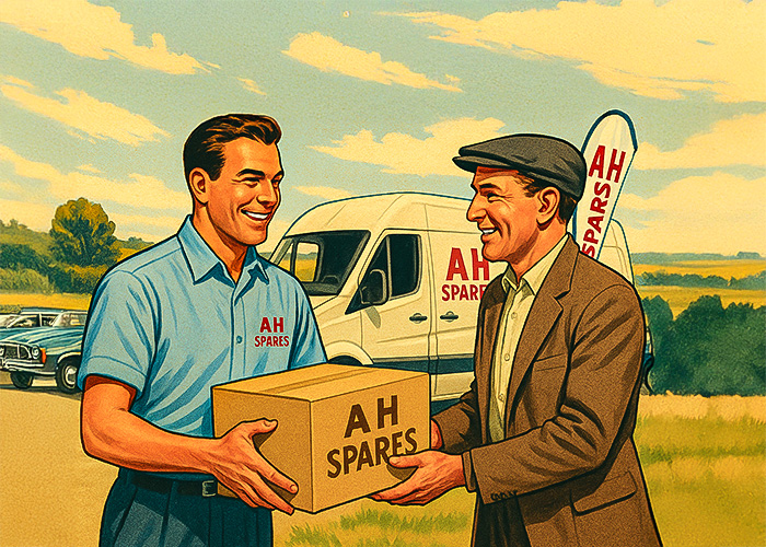 Smiling man in A H Spares shirt handing a box of Austin Healey parts to a customer