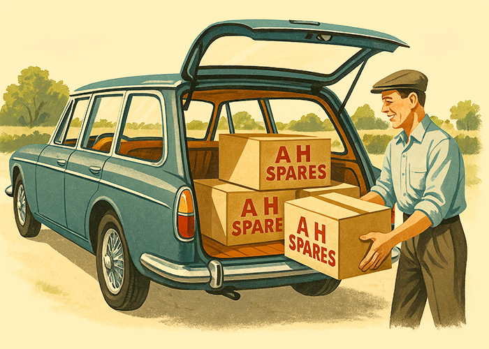 Cardboard boxes of Austin Healey parts loaded neatly into the boot of a 1960s estate car