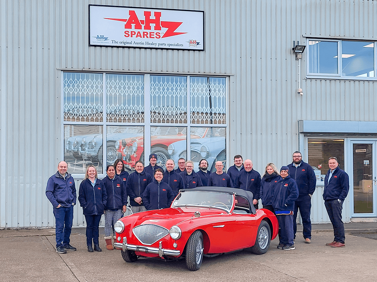 Roger Moment's original Austin Healey BN1 with its new owners at A H Spares