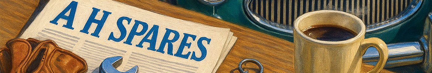 Mid-century illustration: A H Spares newsletter on a wooden desk beside a mug of coffee, leather gloves, and tools, with an Austin Healey grille in the background.