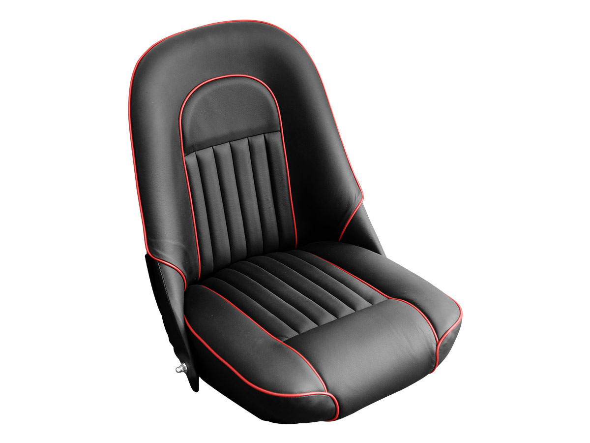 Upholstered Austin Healey BJ8 front seat | Black with red piping