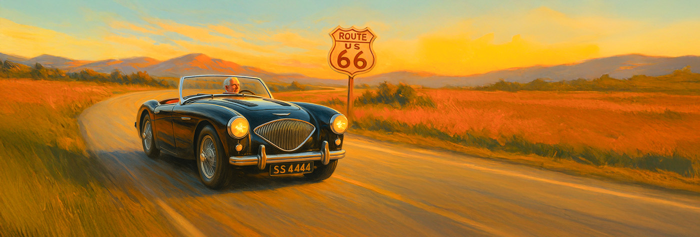 Vintage-style illustration of a black Austin Healey 100M driving along Route 66 in late summer, depicted in warm mid-century tones with a left-hand drive and desert landscape backdrop.”