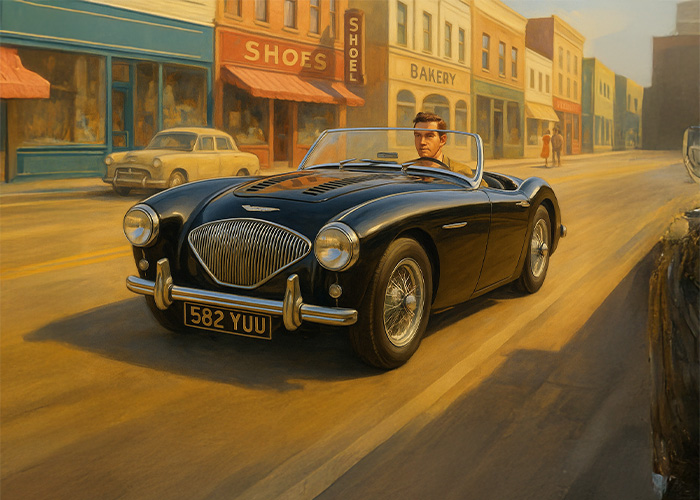 Mid-century oil painting of a black Austin Healey 100M driven by a young man through a sunny 1950s American town, surrounded by classic architecture and vintage storefronts.