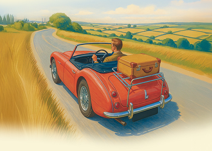 Artistic rendering of an Austin Healey driving through the open English country road