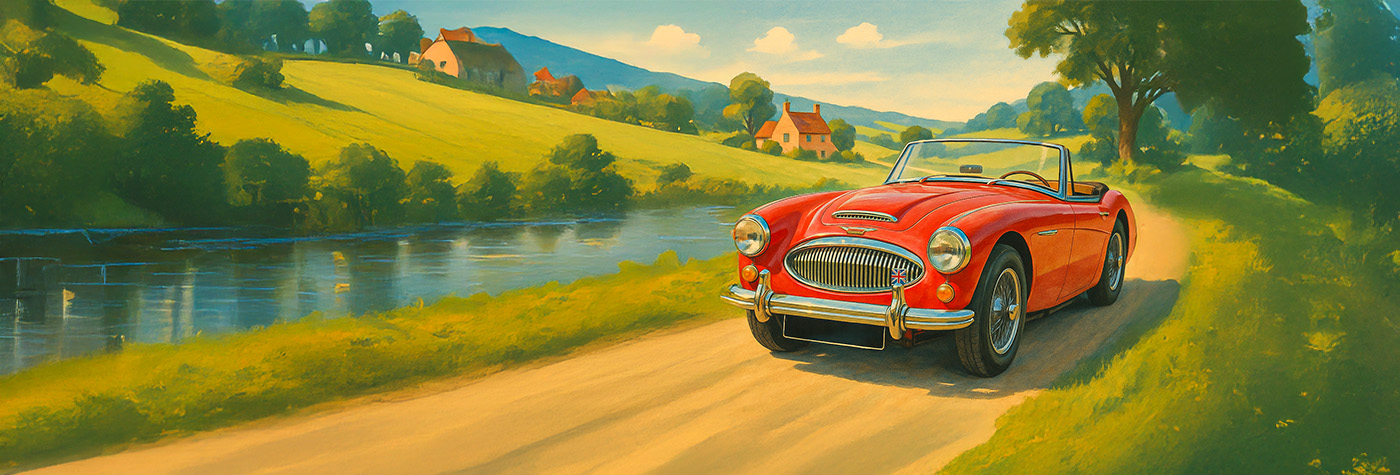 A H Spares hero image of an Austin Healey roadster on a riverside country road, vintage art