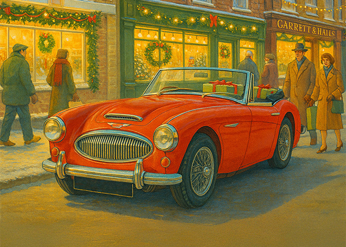 Red Austin Healey 3000 parked on a decorated 1960s Christmas high street with festive lights and wrapped presents.