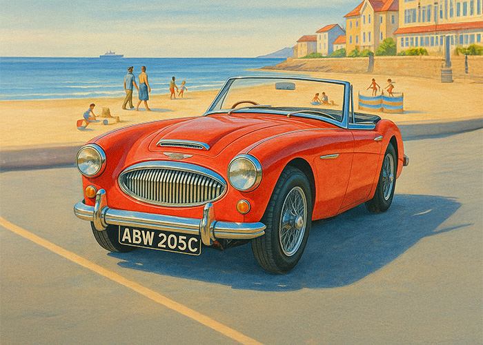 Red Austin Healey 3000 BJ8 parked near the ocean