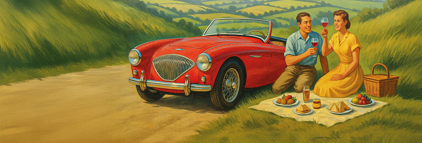 Artistic rednering of a picnic scene with an Austin Healey BN1