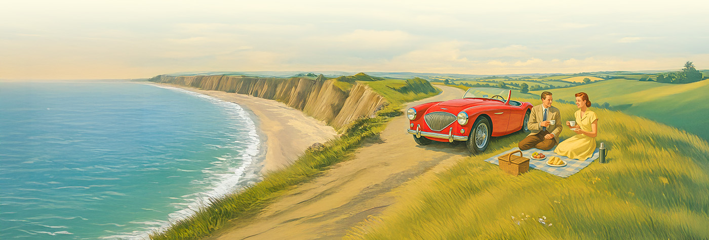 Artistic rendering of a happy couple picnic scene next to a blue Austin Healey Sprite 