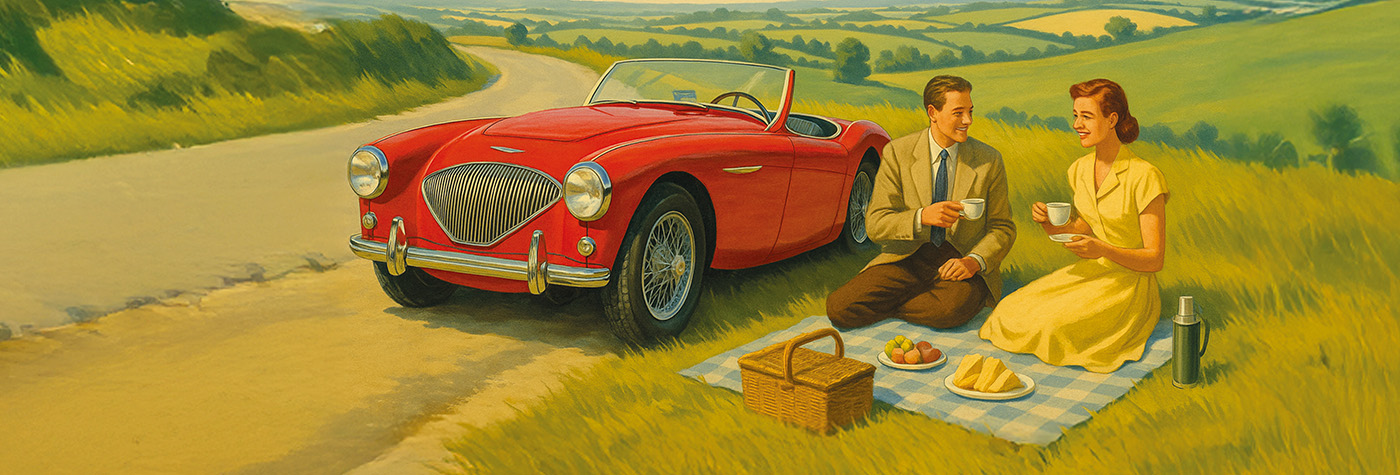 Artistic rednering of a picnic scene with an Austin Healey BN1