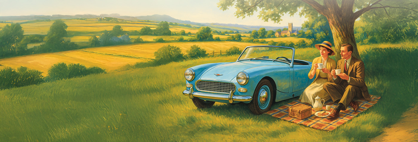 Artistic rendering of a happy couple picnic scene next to a blue Austin Healey Sprite 