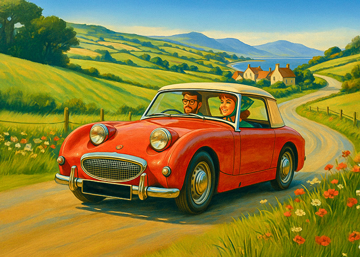 Artistic rendering of a red Austin Healey Sprite MK1 Frogeye in an idyllic English countryside cruise