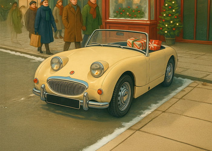 Cream Austin Healey Sprite Frogeye parked on a 1960s Christmas street with presents in the car and festive shop decorations.