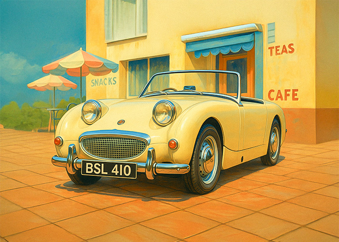 Sprite MK1 Frogeye outside classic American diner
