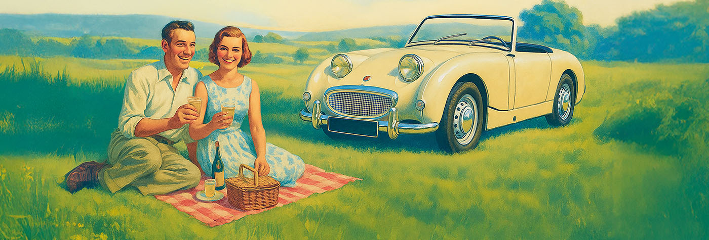 Artistic rednering of a picnic scene with an Austin Healey Sprite MK1