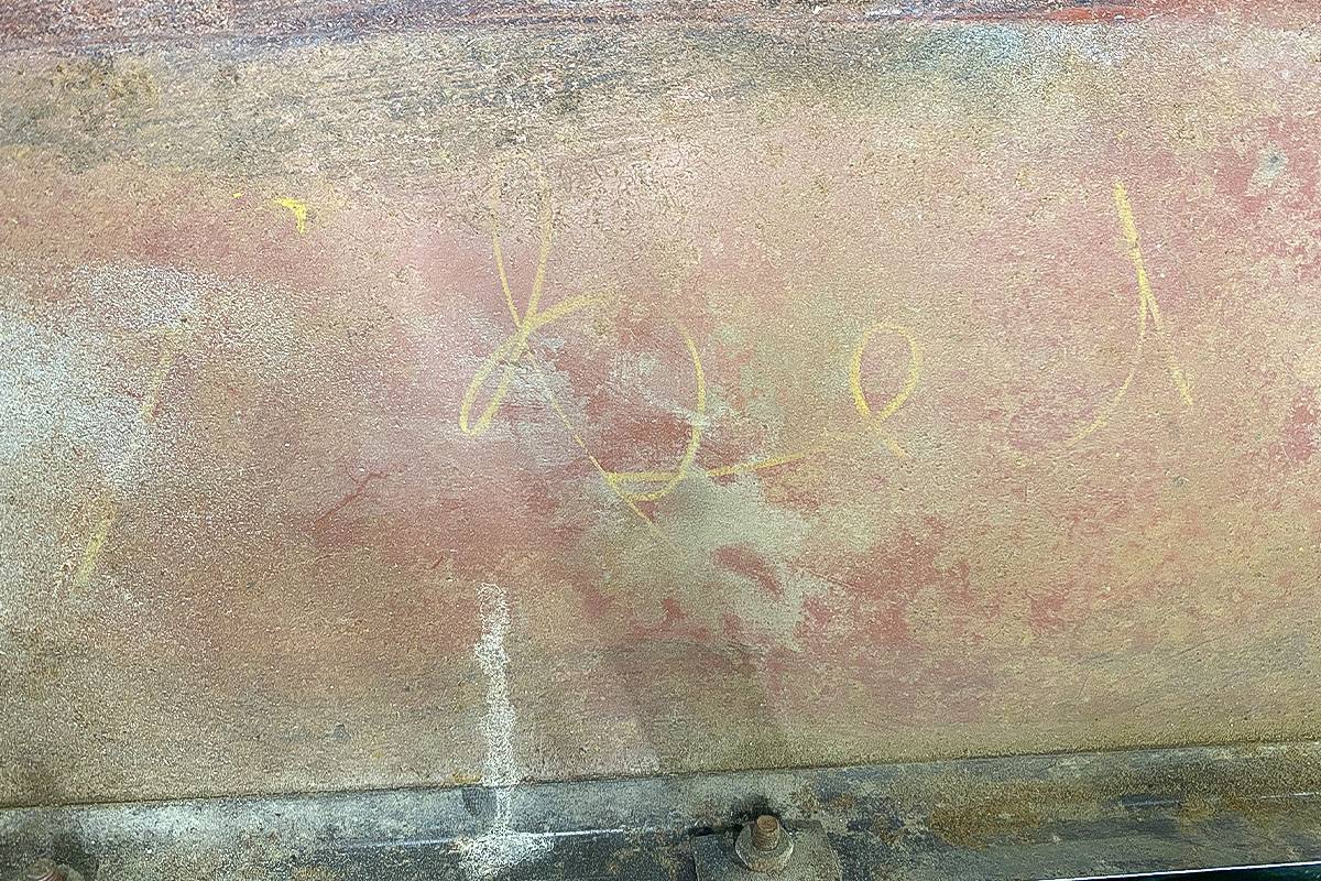 Grease-pencil writing preserved on the back of the dashboard from Cari Kalapis' 1969 Austin Healey Sprite MkIV