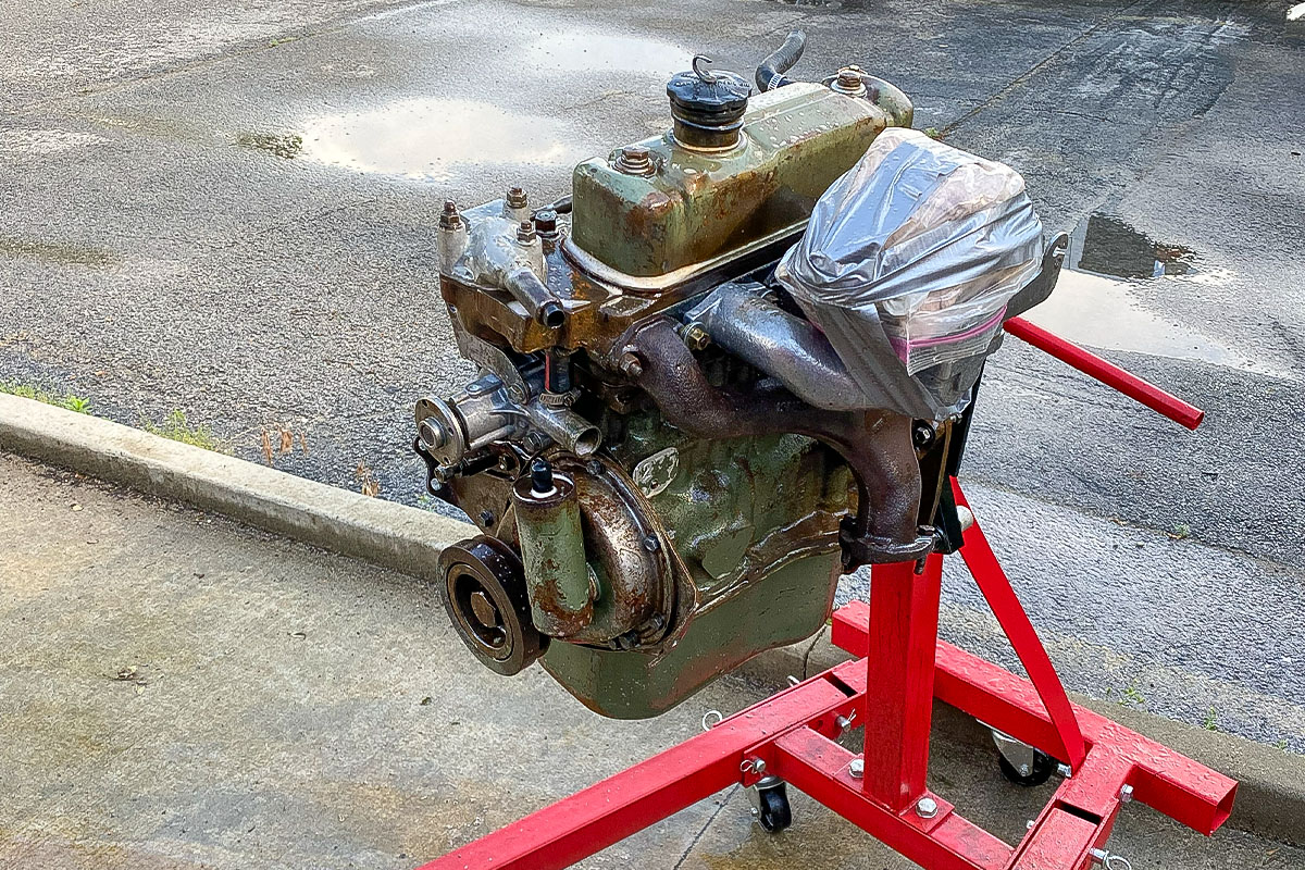 Engine removed from Cari Kalapis' 1969 Austin Healey Sprite MkIV during the restoration in June 2021