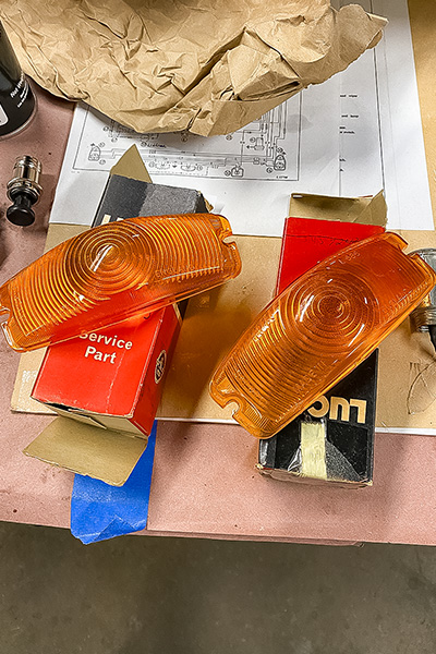 New Old Stock Lucas amber flasher assemblies for Cari Kalapis' Austin Healey Sprite