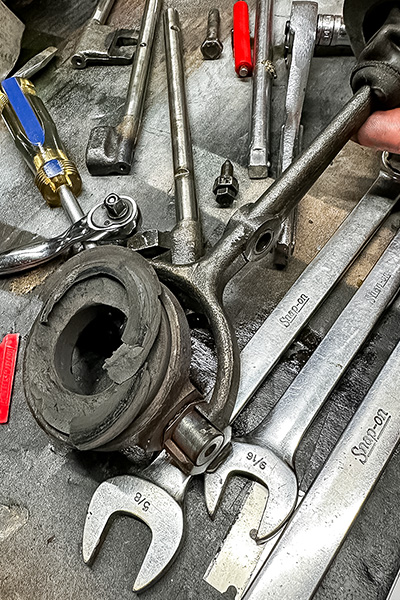 Shredded release bearing after the clutch release fork bolt failed on Cari Kalapis' Austin Healey Sprite