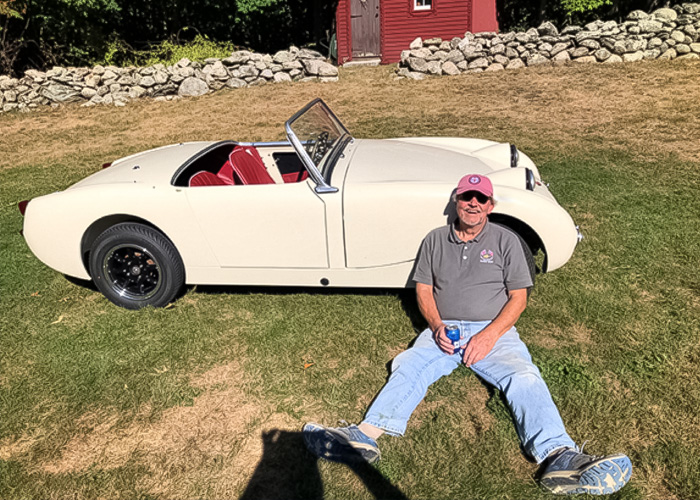 Ernie Connor with completed 1960 Austin Healey Sprite Mk1 after restoration