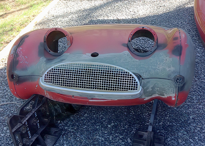 Austin Healey Sprite Mk1 bonnet fitment during restoration before final paint