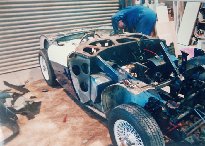 Graham Foster's Austin Healey 100/4 during body and chassis restoration