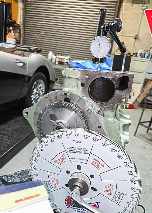 Austin Healey 3000 engine block being checked during rebuild